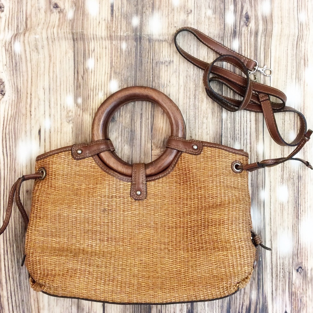Fossil Wood Leather Straw Raffia Circle Crossbody
